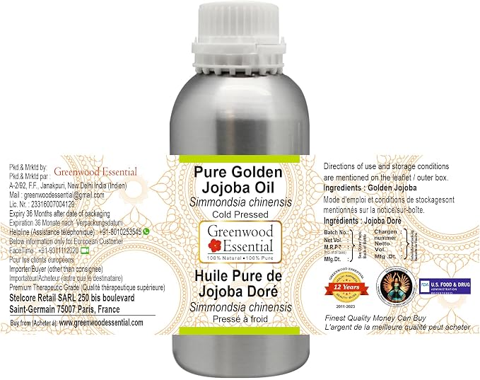 Greenwood Essential Golden Jojoba Oil (Simmondsia chinensis) with Glass Dropper | Cold Pressed | Natural | Undiluted | For Diluting Essential Oils | For Skin & Massage | Men & Women | 50ml (1.69 oz)