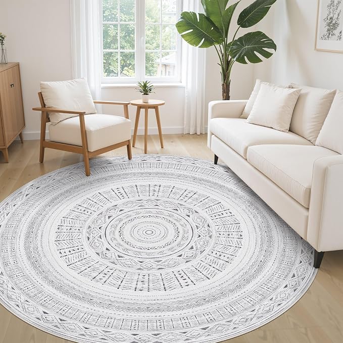 cotiled 6x6 Round Area Rugs Living Room Rug: Washable Boho Rugs with Non Slip Backing Large Soft Indoor Stain Resistant Carpet for Bedroom Farmhouse Dining Room Lightweight Home Decor Dark Grey