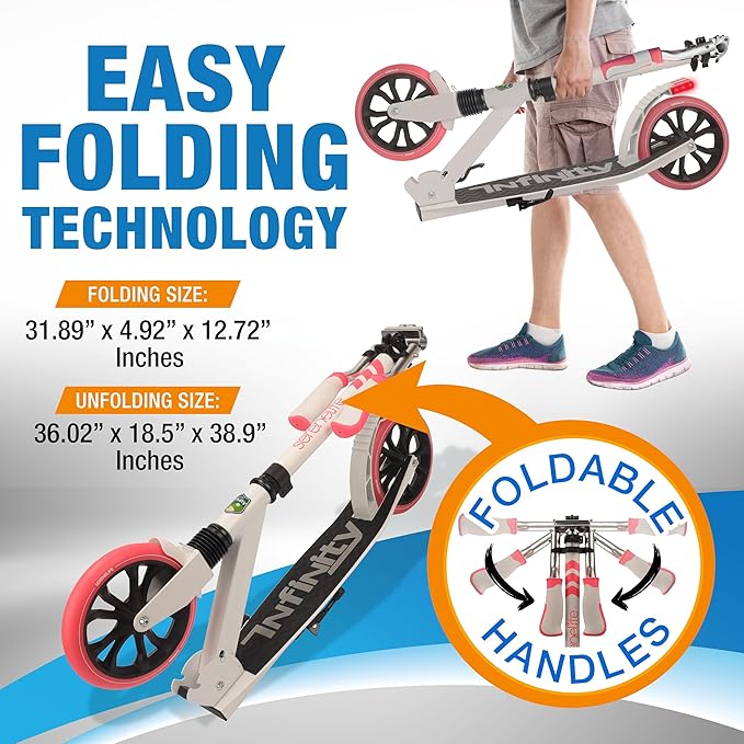 SereneLife Two Wheel Scooter for Teens, Smooth Gliding Kick Scooter for Adults w/Adjustable Height for Ages 8+, Portable All Terrain Scooter w/Carry Straps, Easy to Fold