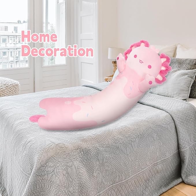 Long Axolotl Plush 5 Sizes, 120% Extra Filling Giant Plushness Kids Body Pillow, Kawaii Cute Pink Axolotl Stuffed Animals Plushies, Big Long Body Pillow Cat Plush Gift for Girls 44”