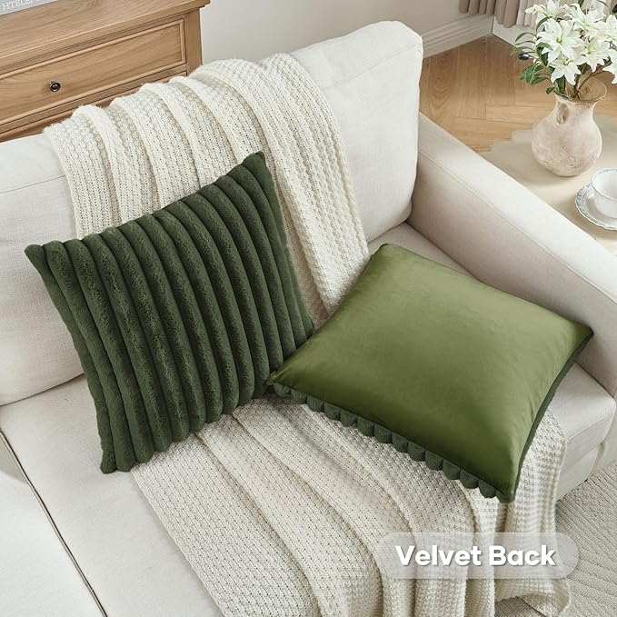 FUTEI Pack of 2 Faux Fur Throw Pillow Covers 20x20 Inch, Olive Green | Fluffy Faux Rabbit Fur Front/Premium Velvet Back,Hidden Zipper,Machine Washable,Non-Shedding,Colorfast,Insert Not Included.