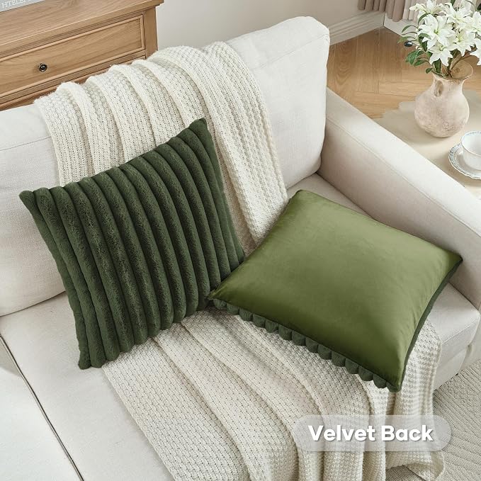 FUTEI Pack of 2 Faux Fur Throw Pillow Covers 22x22 Inch, Olive Green | Fluffy Faux Rabbit Fur Front/Premium Velvet Back,Hidden Zipper,Machine Washable,Non-Shedding,Colorfast,Insert Not Included.