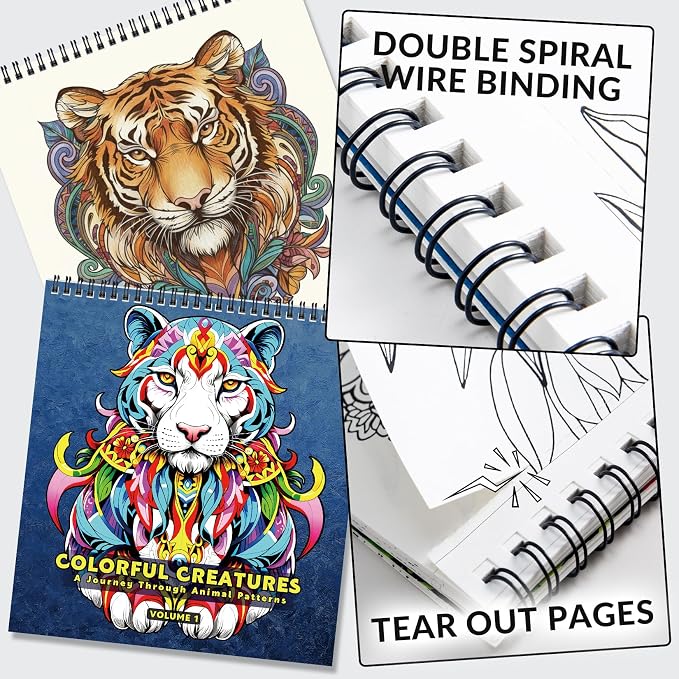 FUNLAVIE Adult Coloring Book – Mandala Animal Designs, Spiral Bound Premium Coloring Book for Adults, Stress Relief & Relaxation, High Detail Mandala Animal Patterns
