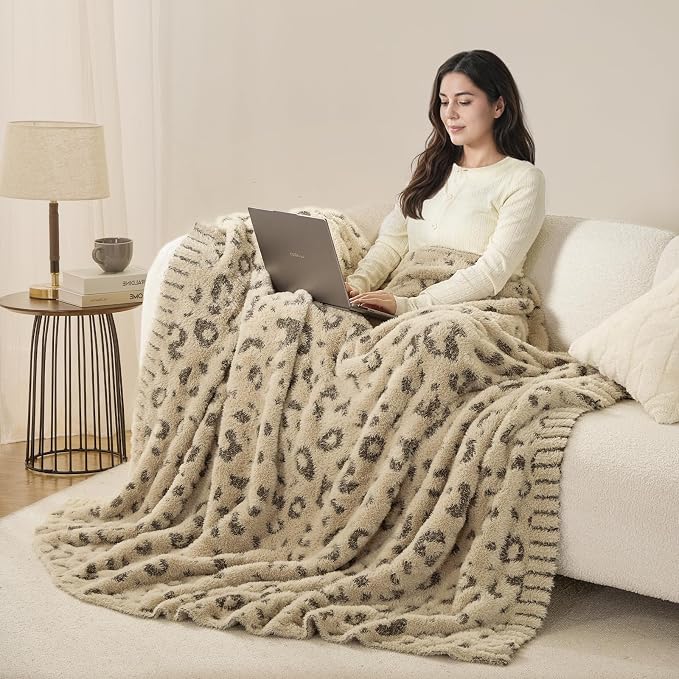 Snuggle Sac Leopard Luxury Faux Fur Throw Blanket for Couch,Ultra Soft Cozy Plush Fluffy Blanket for Sofa Bedroom Living Room,Brown Leopard,50x60 inches