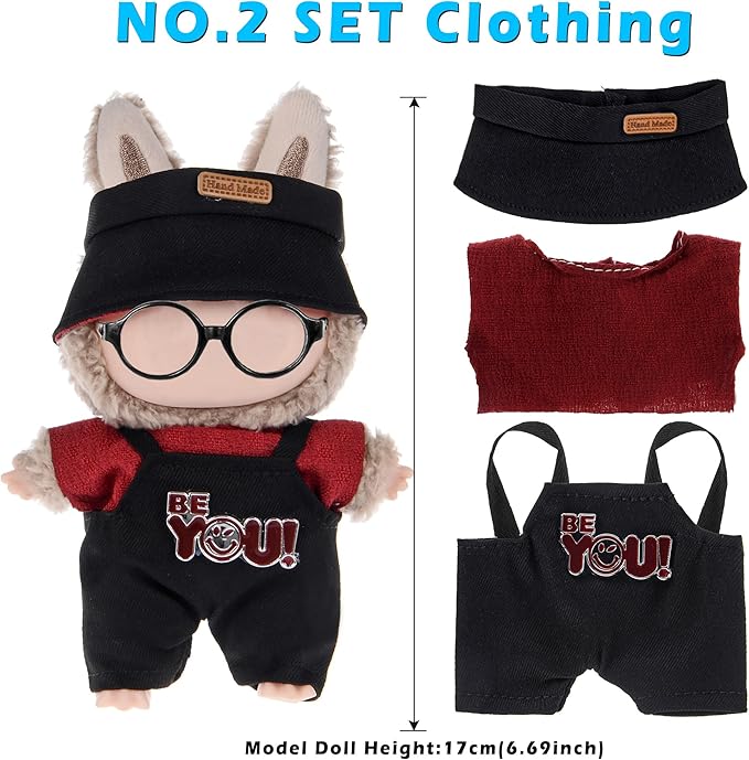 6 Sets Kawaii Doll Clothes for 17cm Plush Dolls - Dress Up Doll Clothing Set Replacement Fashion Outfit Collection with Hats & Accessories, Fits 6.7 Inch Mini Dolls (No Doll No Glasses)