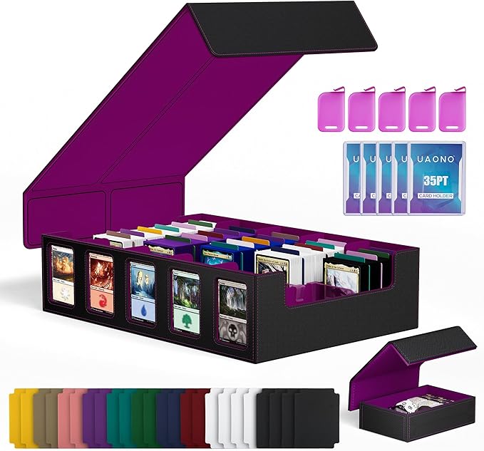 UAONO Trading Card Storage Box with Commander Display;3900+ Card Box for MTG, Removable Cover; 5 Row Case fits MTG TCG Sports Cards 48 Dividers,5 Stoppers,5 Top Loaders,1 Dice Box(Black, Purple)