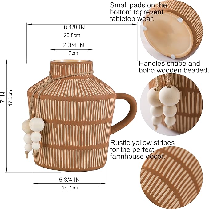Mowtanco Rustic Farmhouse Vase with Handle and Boho Wooden Beads - Terracotta Vase with Vertical Stripes for Vintage Home Decor