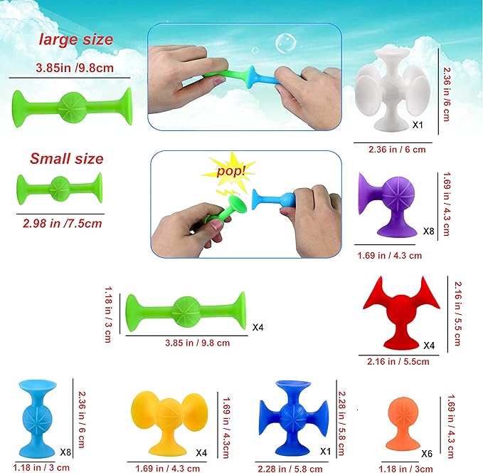 Big Suction Bath Toys for Kids Ages 1-3 , 36 PCS Fidget Suction Cup Toys Construction Set Water Toys for Babies and Toddlers,Window Building Toy Road Trip Travel Essentials for Kids Gifts