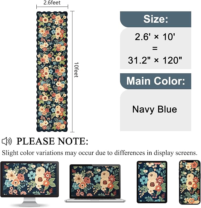 DUKINO 2.6x10 Runner Rug for Hallway, Washable Rug Non Slip, Navy Blue | Non Slip, Low Pile, Soft, Floral Indoor Throw Rug Runner for Entryway, Bedroom, Bathroom, Laundry, Pet Friendly, Home Decor