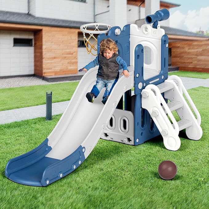 Glaf 7 in 1 Toddler Slide Indoor Outdoor Playset Kids Slide for Toddlers Age 1-3 Baby Slide with Basketball Hoop and Ball Storage Space and Telescope Freestanding Climber Slides Toys (Blue)