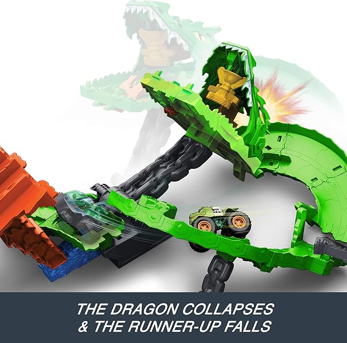 Hot Wheels Toy Monster Trucks, Sharks vs. Dinos Dragon Destruction Playset with 1:64 Scale Great Bite & Rageasaur, Race to Defeat The Cyborg Nemesis