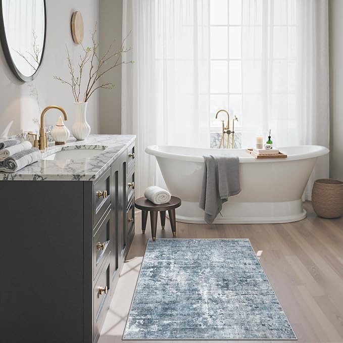 Soalmost 2x3 Abstract Washable Rugs for Entry, Kitchen Area Rug Blue/Grey | Small Non-Slip Vintage Low Pile Throw Door Mat For Bathroom Entryway Laundry, Stain Resistant Indoor Entrance Floor Carpet