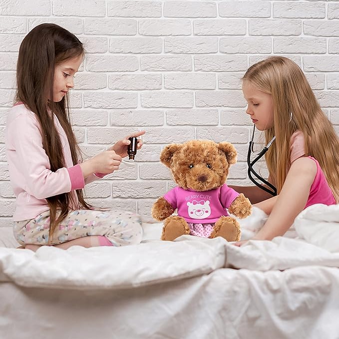 LotFancy Teddy Bear Stuffed Animal, with Removable Clothes, 10 inch Cute Baby Girl Bear Plush, with T-Shirt and Dress, Baby Shower Decoration, Easter Gift Plushies