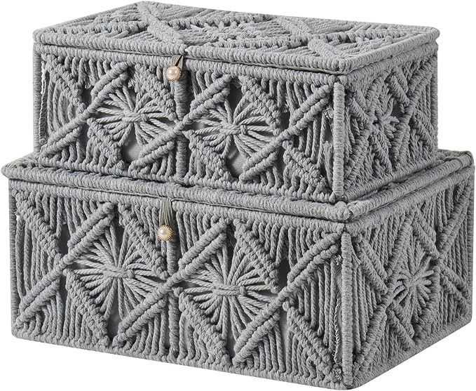 2PCS Decorative Boho Storage Basket with Lid Natural Macrame Box | Handmade Cotton Rope Woven Bins, Shelf Desk Organizer Container for Jewelry Memory Keepsake Photo Makeup, Gray, Small&Large