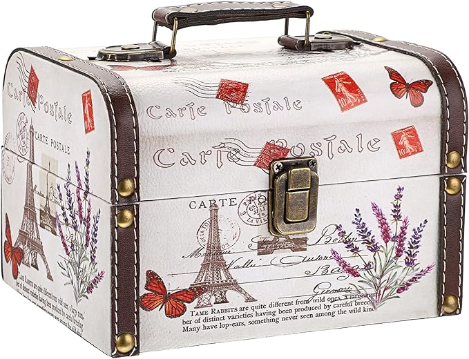 ELLDOO Decorative Treasure Chest Box, Wooden + PU Leather Storage Box for Jewelry Trinkets, Keepsakes box for Girls Women Gifts (Tower + Lavender Pattern)