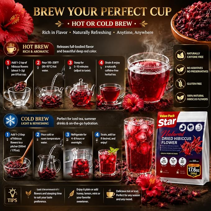 WOTIHA (17.6oz) 100% Natural Hibiscus Flowers tea,Pure from dried Hibiscus Flowers Loose Flower Hibiscus Herbal Tea. Hibiscus Flower Tea. No Sugar, No Caffeine, No Gluten, Vegan.
