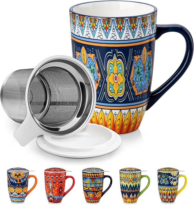 vancasso Ceramic Tea Cup with Infuser and Lid, 18 Ounce Tea Infuser Mug for Loose Leaf Tea, Microwave & Dishwasher Safe, Bohemian Mandala, Gift for Tea Lovers, Forest Daisy Drift