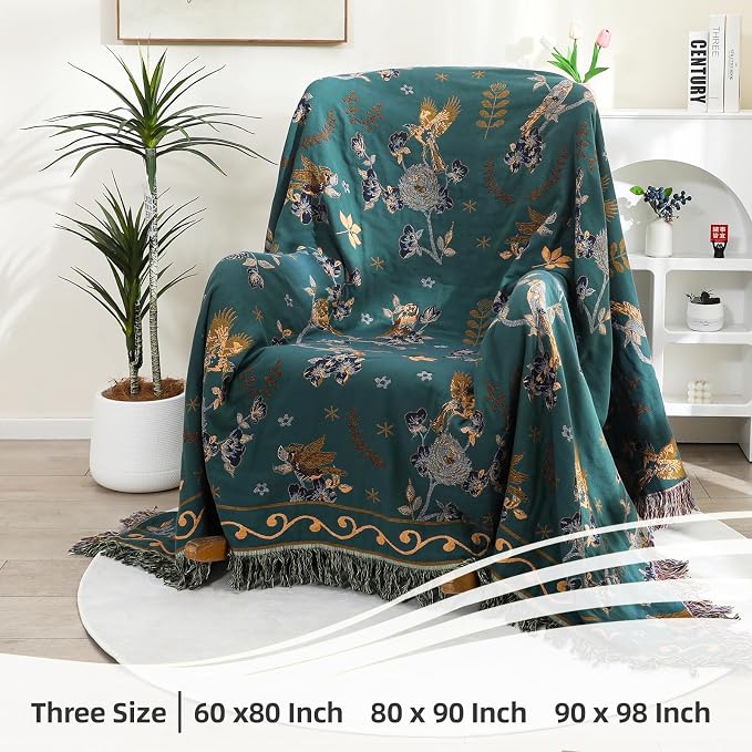 VANJOROY Boho 100% Organic Cotton Muslin Large Throw Blanket 60" x 80" - All Season Rustic Ultra Soft Breathable Floral Bird Blanket for Bed Sofa Couch Chair Bedspread Quilt Gift,-Teal/Green