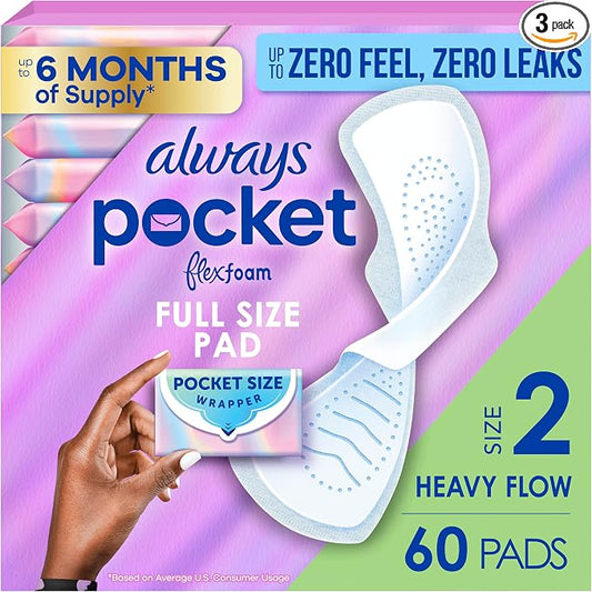 Always Pocket Feminine Pads with FlexFoam, Size 2, Heavy Flow, with Wings, Unscented, 60 Count (3 Packs of 20)