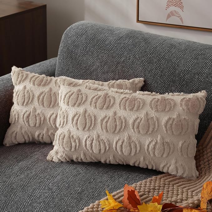 DFXSZ Fall Pillow Covers 12x20 2Pcs Beige Pumpkin Fall Decorations for Home | Fall decor Set of 2 Throw Pillow Cases Soft Plush Faux Fur Wool Couch Cushion for Chair Sofa Bedroom Living Room Home Decor