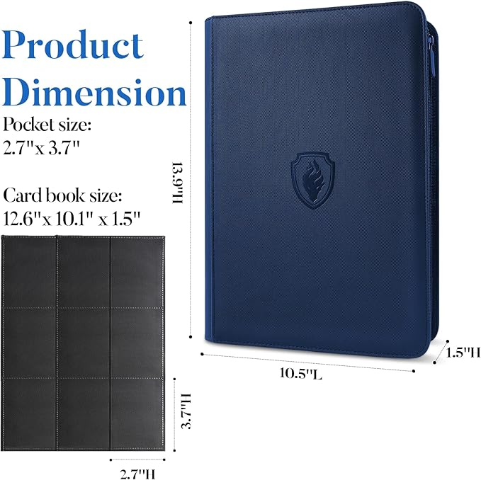 Premium Zip Card Binder, Fabmaker 9 Pocket Trading Card Binder, PU Cover Zipper Card Collection Album, Sturdy 360 Side-Loading Card Folder Holder for Game & Sports Cards, Navy Blue