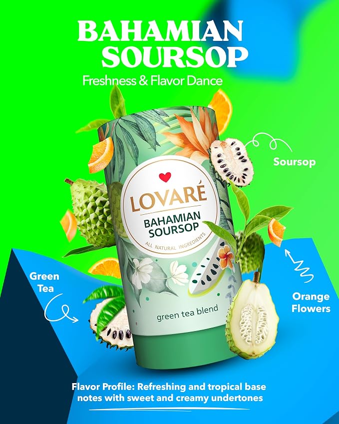 LOVARE Bahamian Soursop Loose Leaf Tea – 80 g Premium green tea blend with Pieces & Marigold Petals – Ukrainian Brand – Authentic Gift Tube with 15 Paper Filters – Easy to Brew tea Blend (Bahamian Soursop)