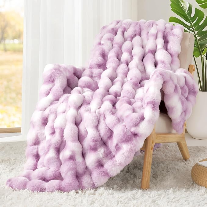 Luxury 1000GSM Faux Rabbit Fur Throw Blanket for Women, Super Heavy Warm Cozy Blankets for Couch Bed Sofa, Bubble Plush Fuzzy Soft Mink Blanket for Living Room Bedroom, Purple