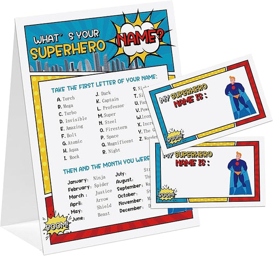 Superhero Theme What's You Superhero Name Game, Baby Shower Game Stickers, Birthday Game, Party Decoration, Activity Game for Office or Class, Package Contains 1 Sign and 30 Name Stickers(wyn13)