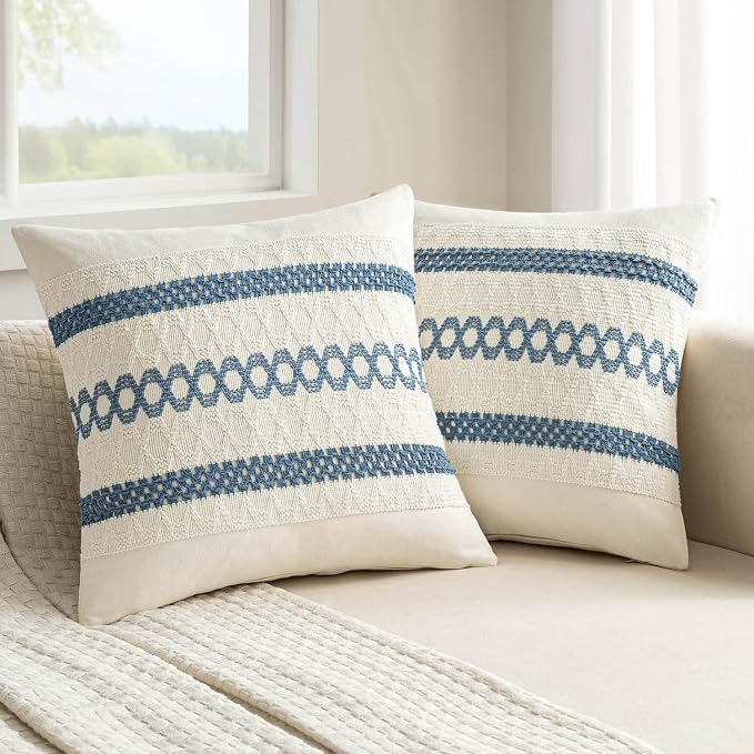 MIULEE Set of 2 Coastal Blue Boho Decorative Pillow Covers 16x16 Inch | Farmhouse Couch Throw Pillows, Modern Cotton Cushion Covers, Macrame Woven Spring Home Decor for Bed Sofa Chair