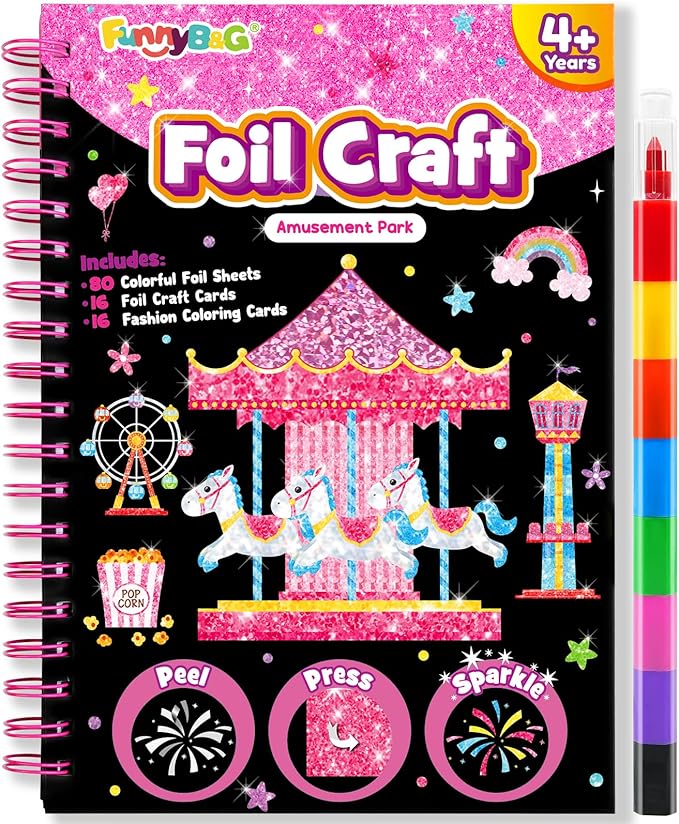 FUNNYB&G Foil Art Crafts for Kids Ages 4-8: Valentines Crafts for Kids 2026,Birthday Gift for Girls,Art and Crafts,Party Favors,Creative Toys for Girls Boys 4 5 6 7 8 9 Years Old(Amusement Park)