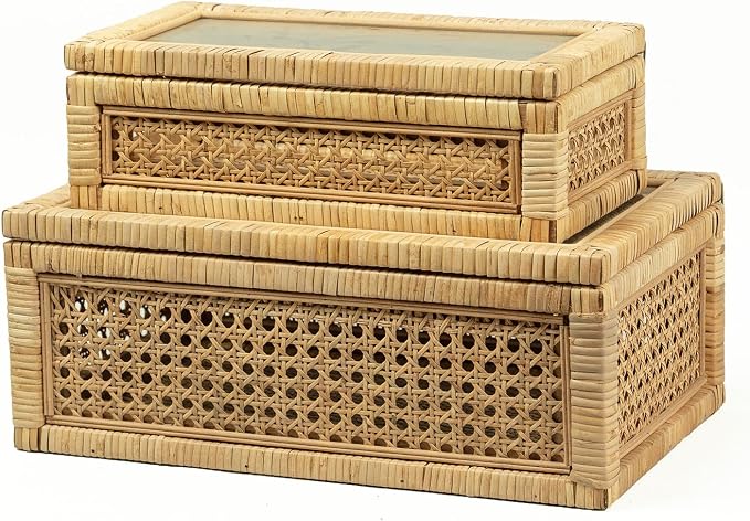 Rattan Display Box for Home Decor with Lid - Rectangular Coastal Bohemian Style Stackable Decorative Storage Box Set - Handmade from Natural Rattan, Cedar & Real Glass