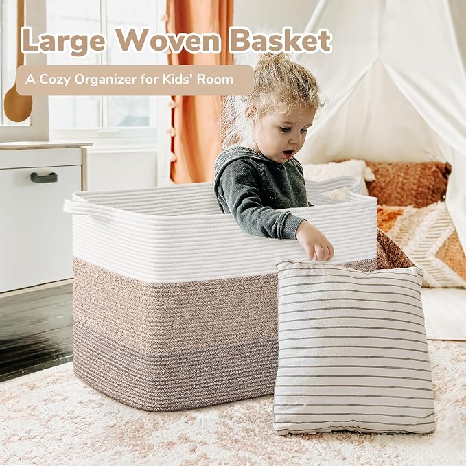 Goodpick 105L Extra Large Woven Rope Blanket Basket, Rectangle, Light Brown | 25'' x 16'' x 16'' Storage Basket for Blankets, Pillows, Toys & Clothes, Living Room, Bedroom & Nursery Organization