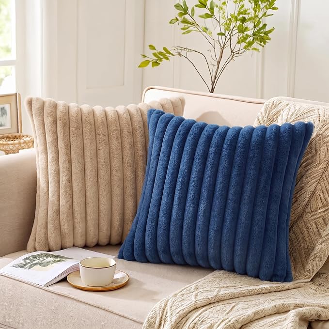 Pack of 2 Throw Pillow Covers 20x20 Decorative Solid Plush Faux Fur with Soft Velvet Back, Square Striped Cushion Cases Modern Farmhouse Home Decor for Living Room Couch Sofa Bed Navy Blue