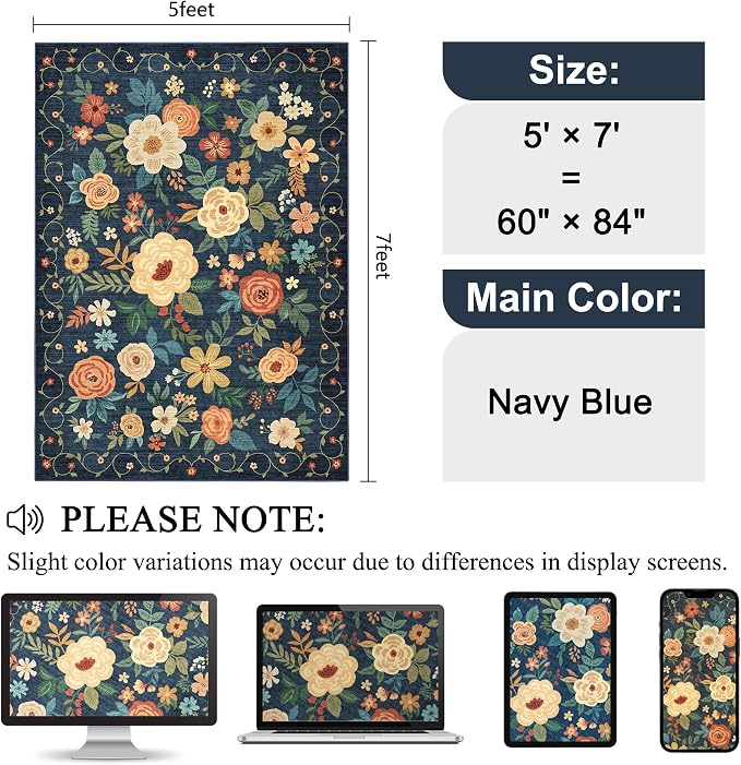 DUKINO 5x7 Area Rug Floral Washable Rug for Living Room Non Slip, Navy Blue | Soft, Low Pile, Stain Resistant Indoor Rug for Bedroom, Dining Room, Office, Pet Friendly, Lightweight, Modern Home Decor