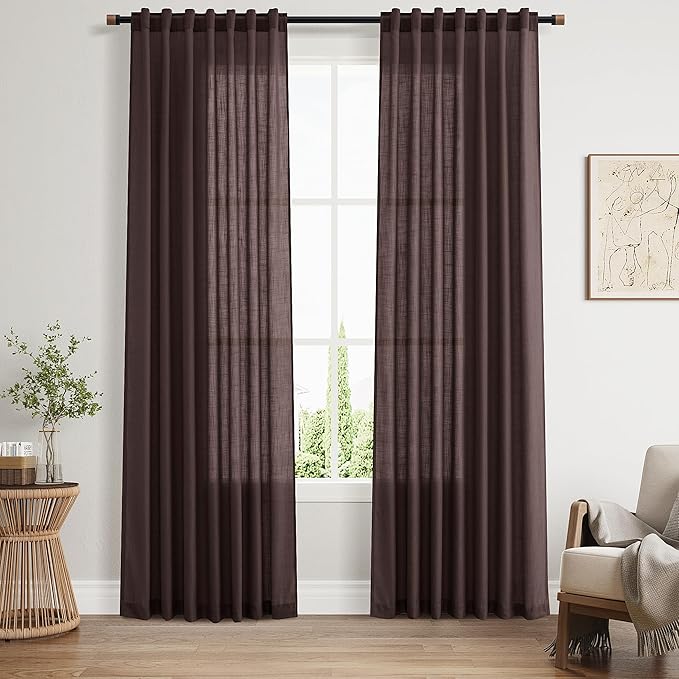 Nanspring Linen Curtains 84 Inch Long, Coffee Brown, 2 Panels 52x84 | Living Room, Back Tab, Light Filtering, Bedroom Office Window, Modern Farmhouse Decor