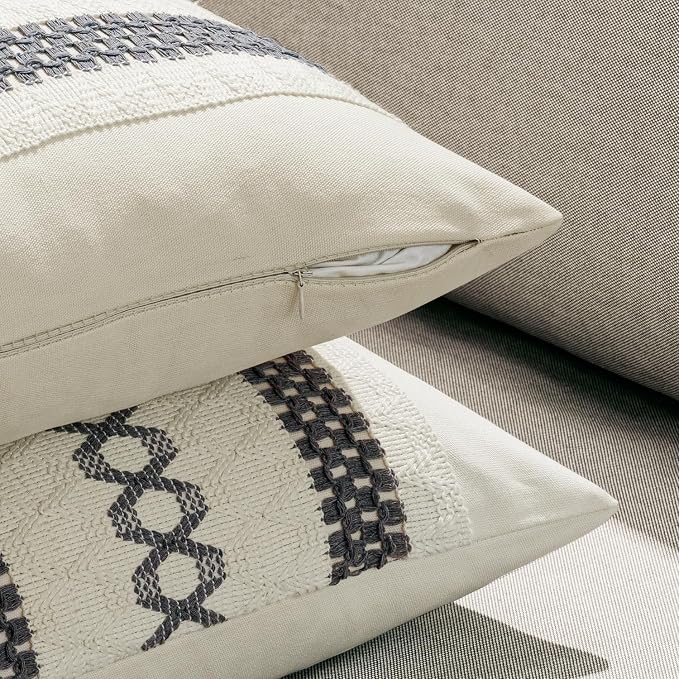 MIULEE Set of 2 Gray Boho Decorative Lumbar Pillow Covers 12x20 Inch | Farmhouse Couch Throw Pillows, Modern Cotton Cushion Covers, Macrame Woven Spring Home Decor for Bed Sofa Chair