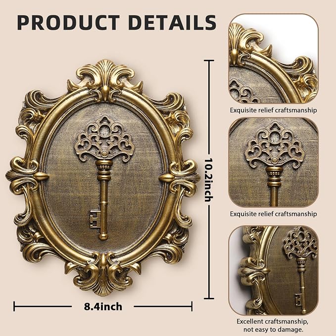 Vintage Key Wall Sculptures 2 Pack Antique Wall Decor Hallway Wall Art for Home Hand Painted Decoration with Embossed Key Design Vintage Decor for Living Room Bedroom Gallery Unique Gifts (Gold keys)