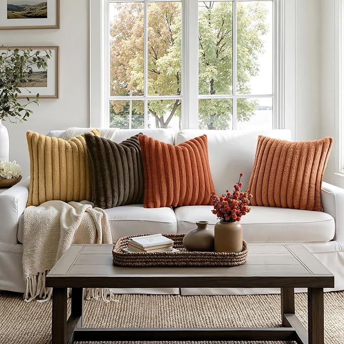 MIULEE Fall Rust Orange Faux Fur Plush Decorative Throw Pillow Covers18x18 | Set of 4, Striped, Soft Boho Farmhouse Vintage, Rustic Cozy Home Decor, Cushion Cases for Sofa Couch Bed Living Room