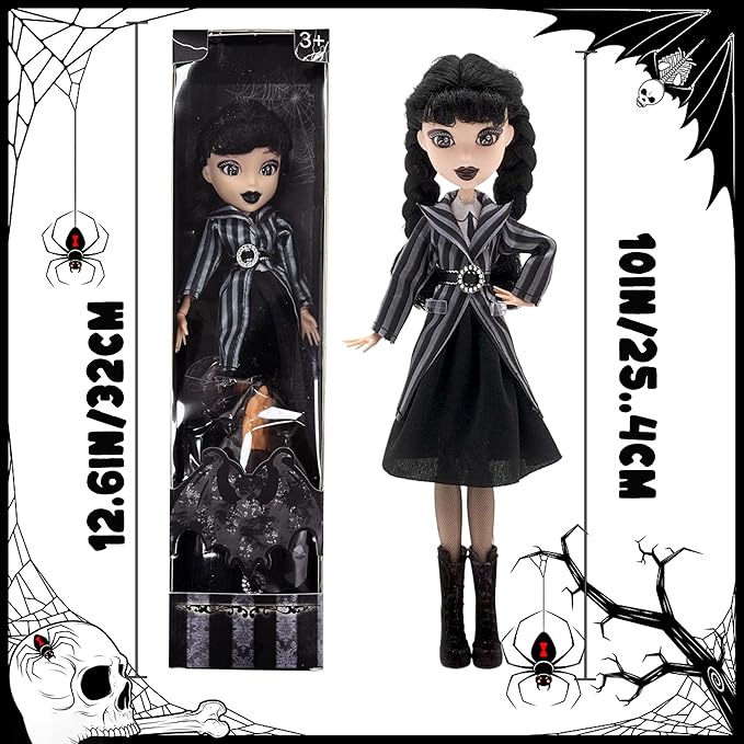 Dumwick 9'' Adams Doll with Gift Box, High Heels, Black Dress, and Hair, Perfect Christmas and Birthdays Toy Gift for Girls & Fans (Braces + Stripes)