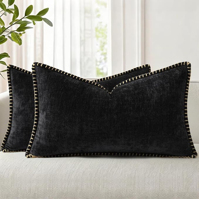 decorUhome Soft Chenille Throw Pillow Covers 12x20 Set of 2 Black | Fall Textured Decorative Throw Pillow Cases Stitched Edge Modern Farmhouse Luxury Boho Velvet for Couch Sofa Bed Home Decor