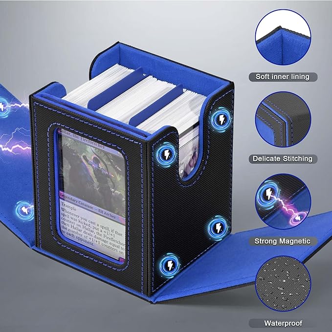 ZLCA MTG Deck Box with Commander Window Display, Trading Card Storage Box Holds 100 Double-Sleeved Cards Suitable for TCG/CCG/PTCG/EDH/Magic/Sport Cards (Black&Blue)