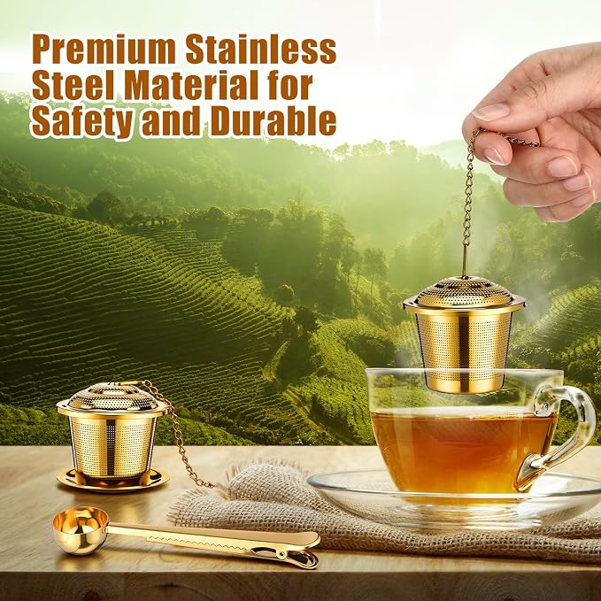 Umigy 4 Pcs Tea Infuser Strainers for Loose Tea with Scoop, Extra Fine Mesh Steeper 304 Stainless Steel Diffuser Leaf Holder with Extended Chain Hook for Brew, Spices, Seasoning, Gold