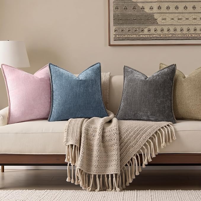 decorUhome Soft Chenille Throw Pillow Covers 18x18 Set of 2 Dark Grey | Fall Textured Decorative Throw Pillow Cases Stitched Edge Modern Farmhouse Luxury Boho Velvet for Couch Sofa Bed Home Decor