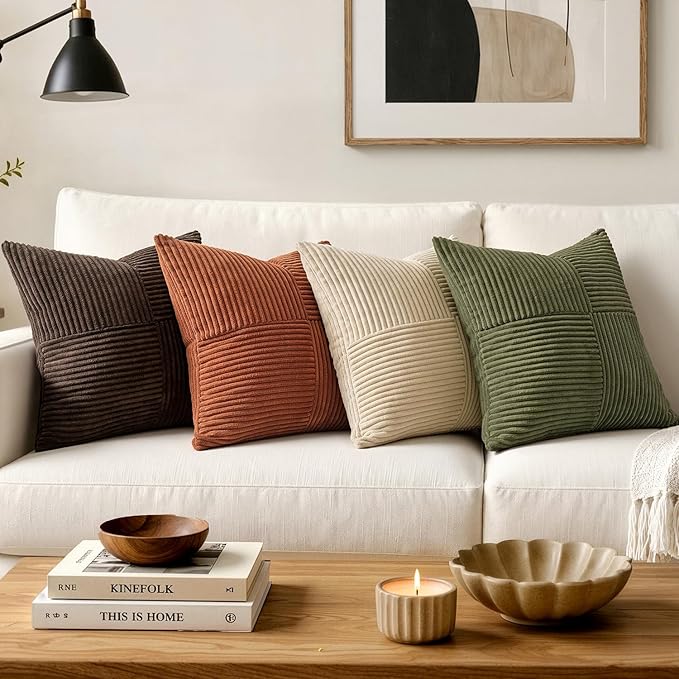 MIULEE Natural Beige Decorative Throw Pillow Covers for Couch 18x18 Inch | 2 Pack, Boho Farmhouse Pillow Covers, Soft Cross Corduroy Patchwork Textured Cushion Cases For Bed Sofa