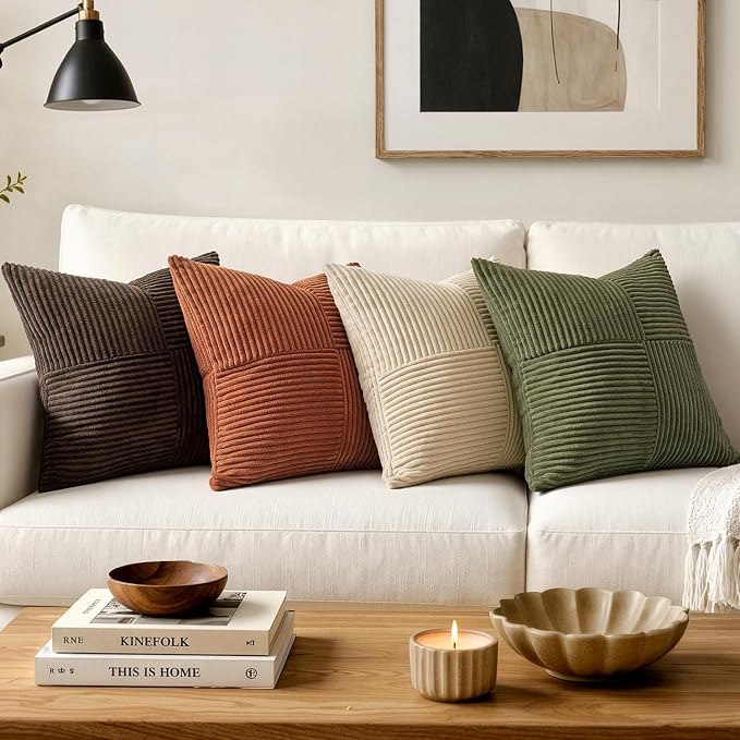 MIULEE Natural Beige Decorative Throw Pillow Covers for Couch 20x20 Inch | 2 Pack, Boho Farmhouse Pillow Covers, Soft Cross Corduroy Patchwork Textured Cushion Cases For Bed Sofa