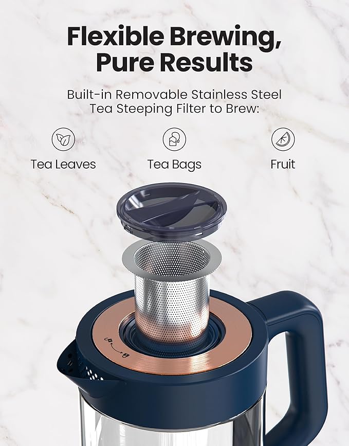 Viante Alba Electric Tea Kettle with Infuser, No Plastic In Contact With Water, 1.5L Borosilicate Glass, 304 Stainless Steel, 4 Temp Presets, Keep Warm, Cordless, Auto Shut-Off, Midnight Blue