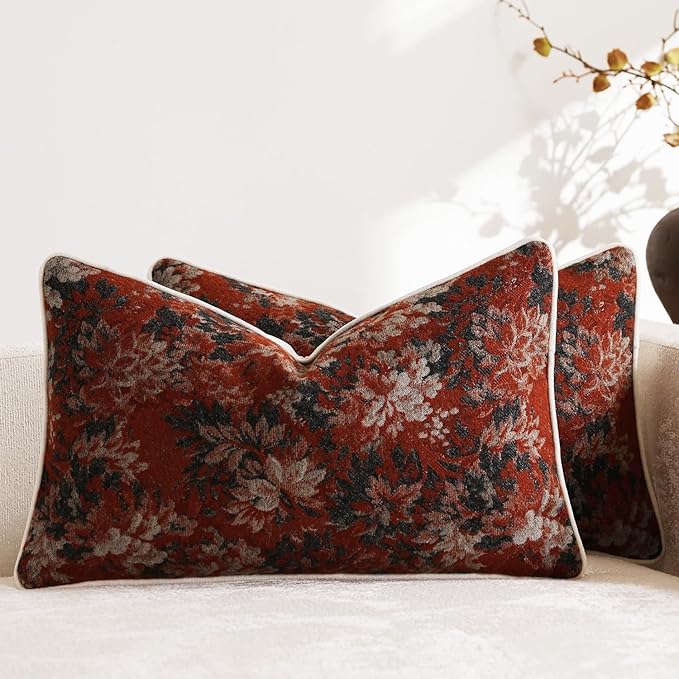 Pack of 2 Vintage Floral Pillow Covers 12x20 Boho Farmhouse Accents Chenille Rectangular Lumbar Decorative Throw Pillow Cases for Living Room Couch Bed Home Decor, Rust