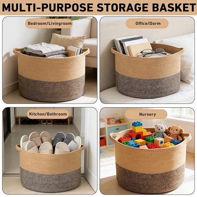 90L Extra Large Blanket Basket,Woven Rope Laundry Basket-Jute&Black | Collapsible, reinforced handles, nursery storage bin organizes clothes, toys and pillows for living room, bedroom bathroom