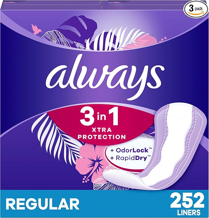 Always 3-in-1 Xtra Protection, Daily Liners for Women, Regular Absorbency, with Leakguard + Rapiddry, Unscented, 84 Count x 3 (252 Count Total) (Packaging May Vary)