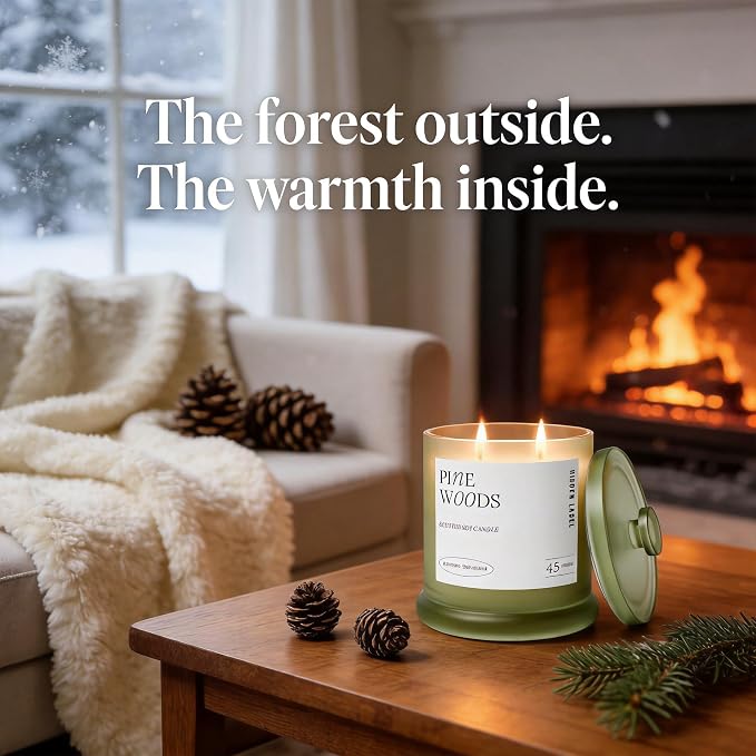 Hidden Label Pine Woods Soy Candle, 13oz 2-Wick, 45H Winter Holiday | Long Burn | Christmas Fir Aromatherapy | Non-Toxic Formula | Twin-Flame, Even Melt | Festive Gift